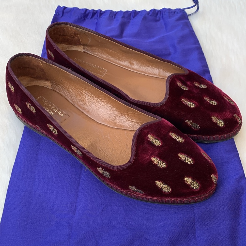 Aquazzura Maroon Velvet Embroidered Golden Pineapple Print Slip-On Ballet Flats - Picture 5 of 15
